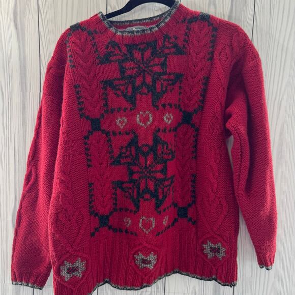 Vintage Woolrich sweater Womens Medium Red Wool Handknit Nordic Retro Fair Isle - Picture 1 of 7